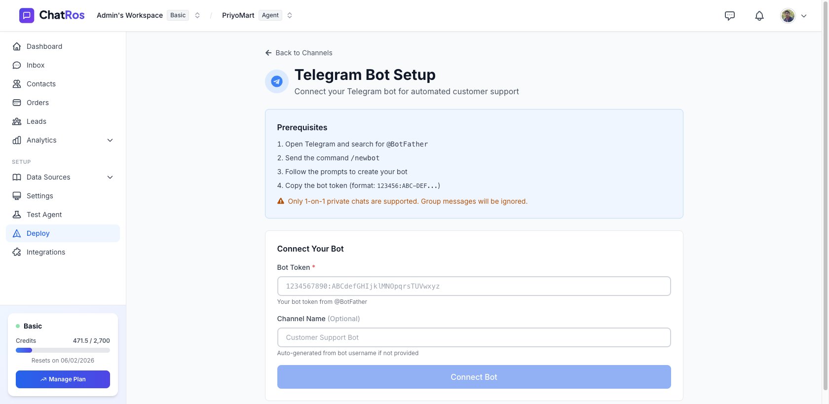 Telegram Bot Setup with prerequisites and Bot Token field