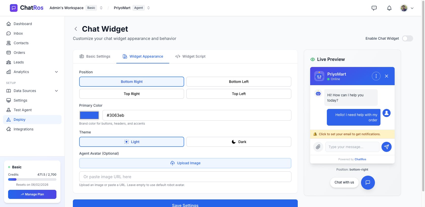 Chat Widget appearance settings with live preview