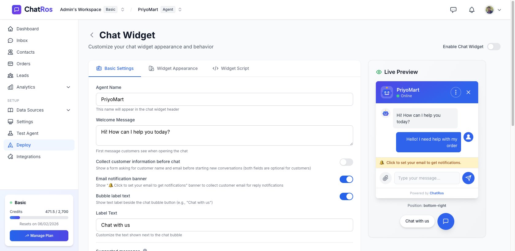 Chat Widget configuration — Basic Settings tab with live preview