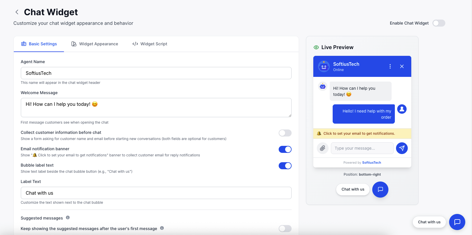 Chat widget embed configuration