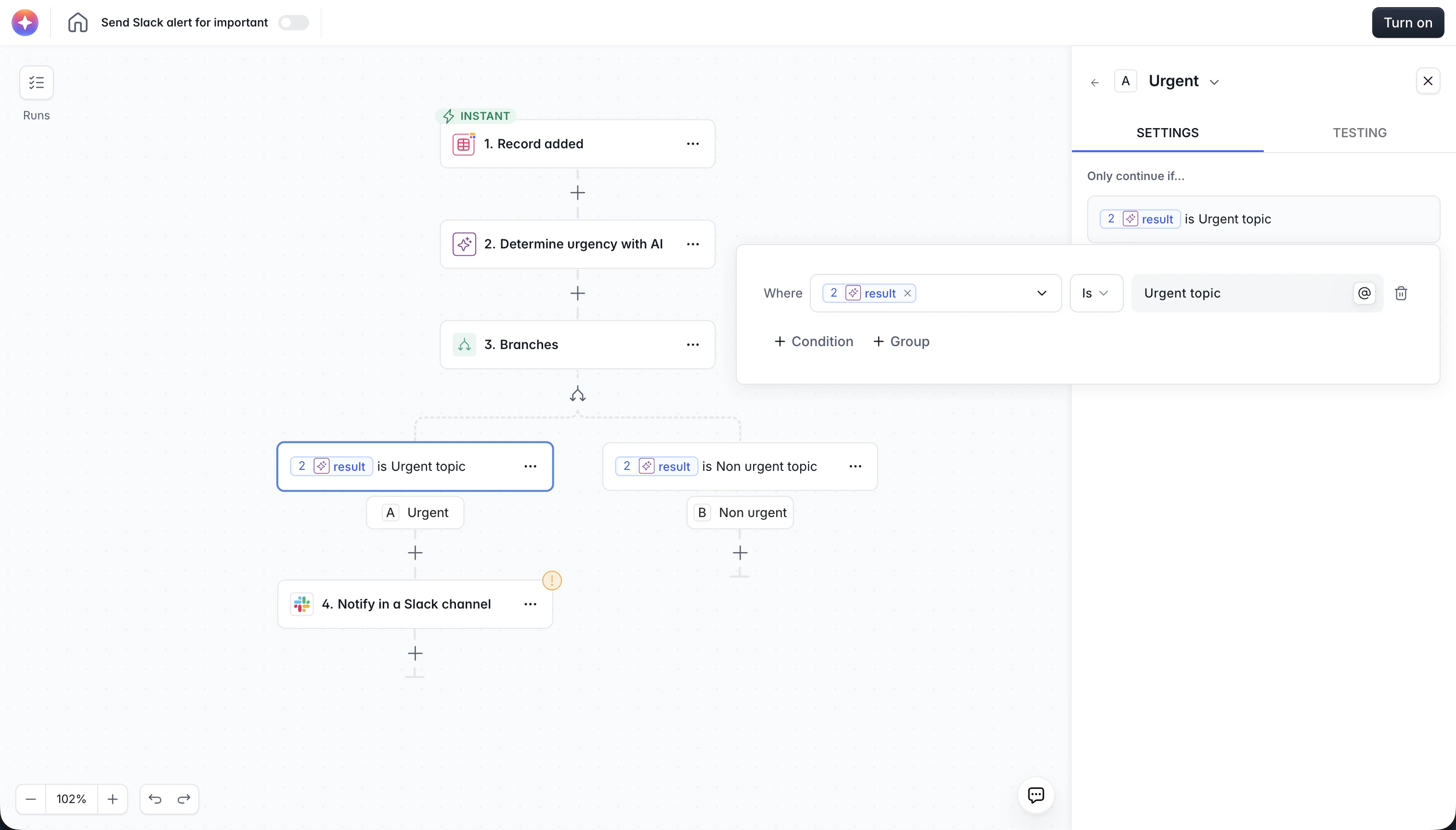Branch action splitting the workflow into two paths
