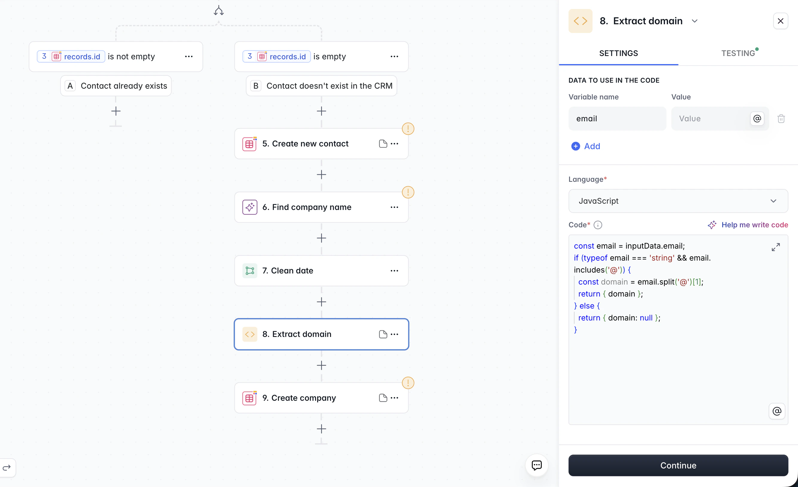Run Custom Code action with JavaScript