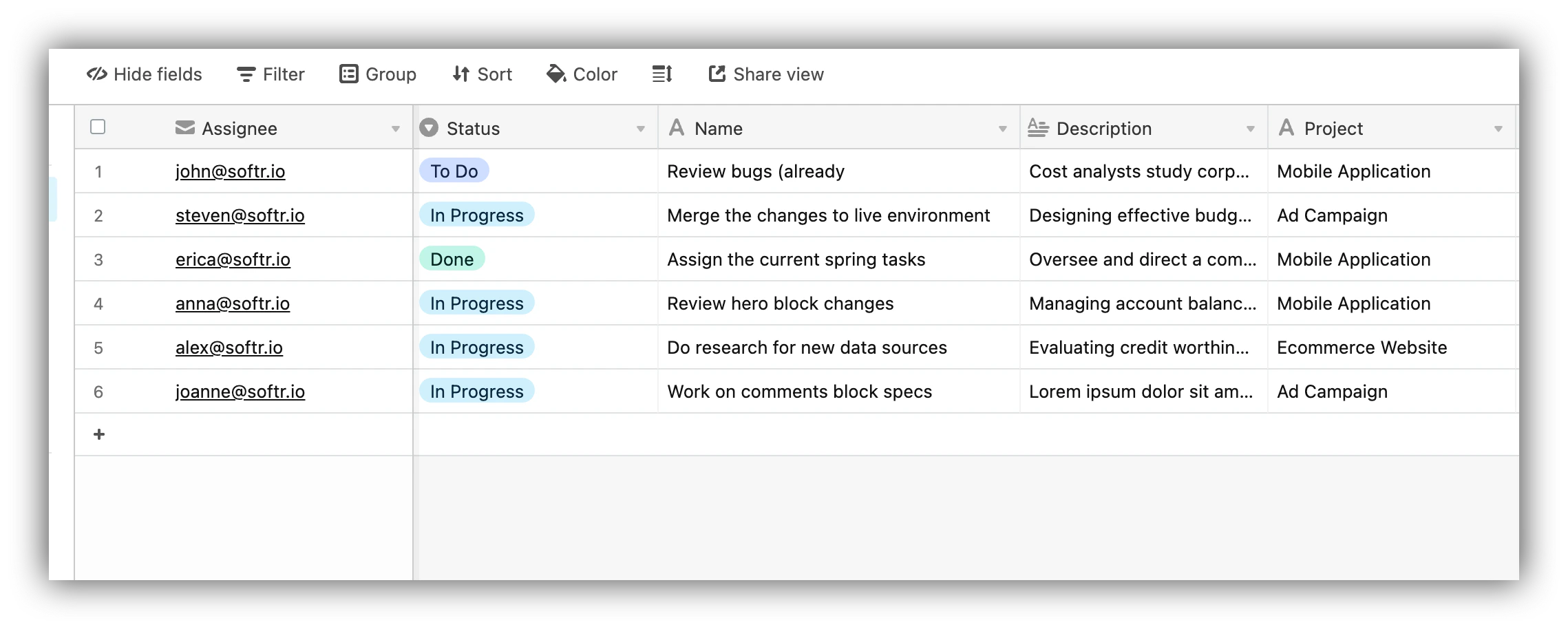 Task list on Airtable