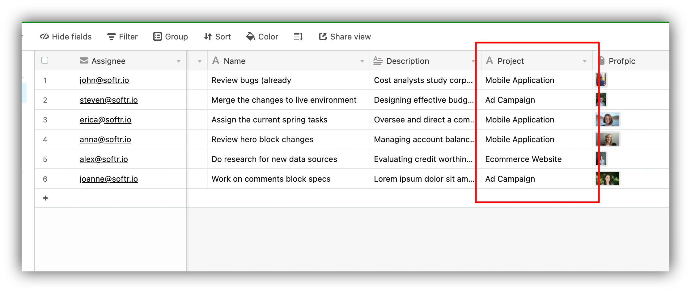 Table with tasks