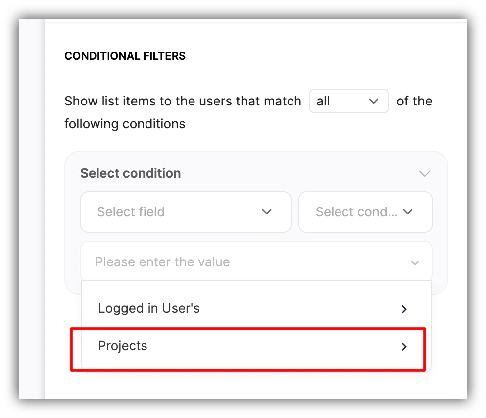 Projects table inside Task List's conditional filters
