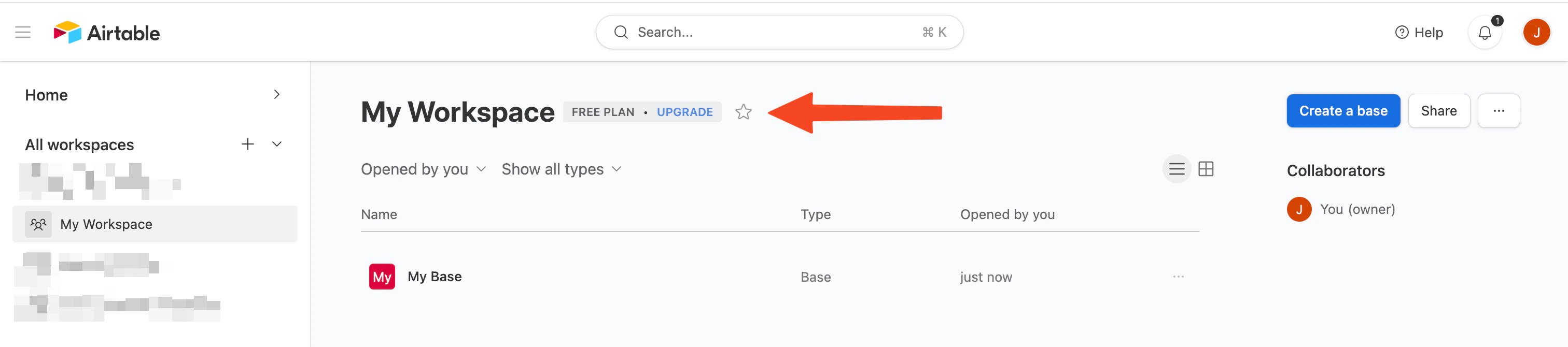 Airtable plan name next to the workspace name.
