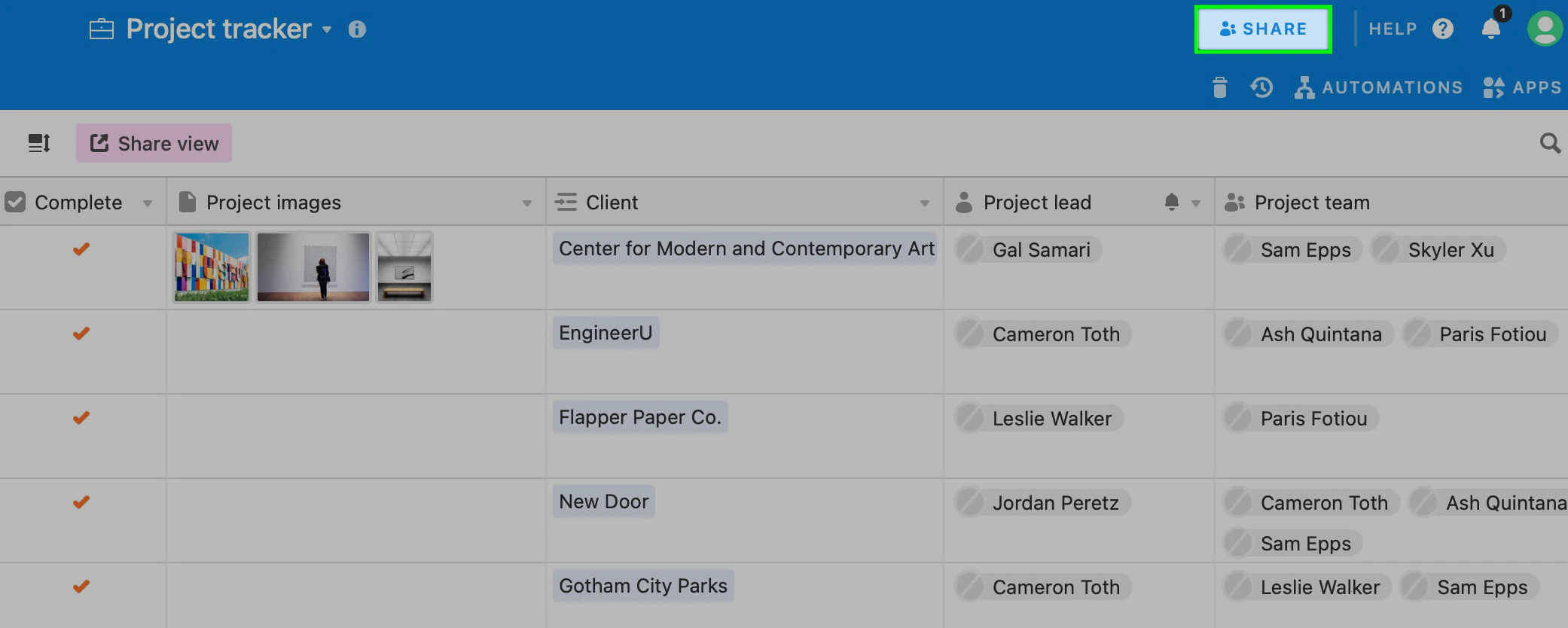 Share button opens editing of base permission in Airtable