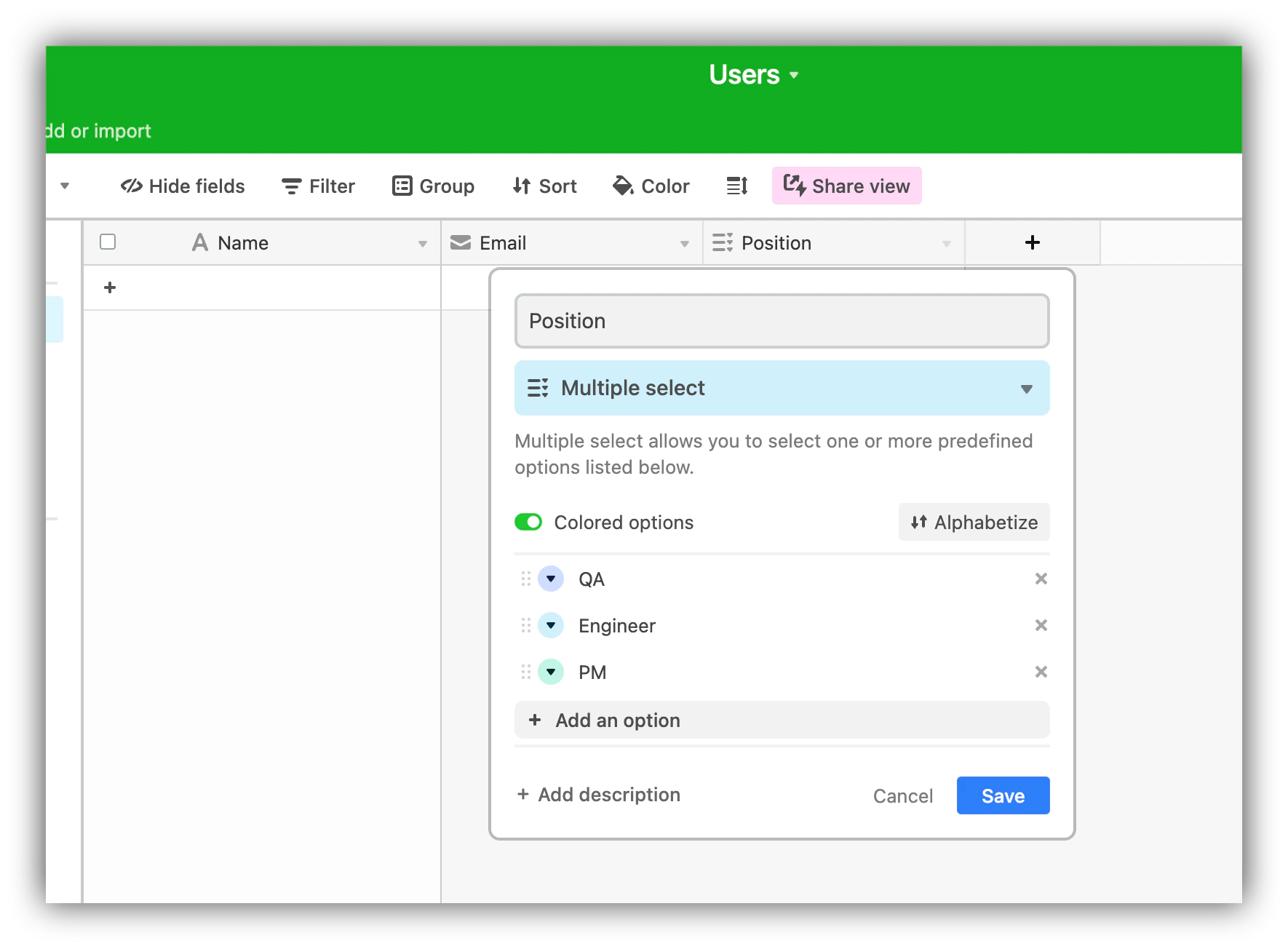 Additional Position field on Airtable