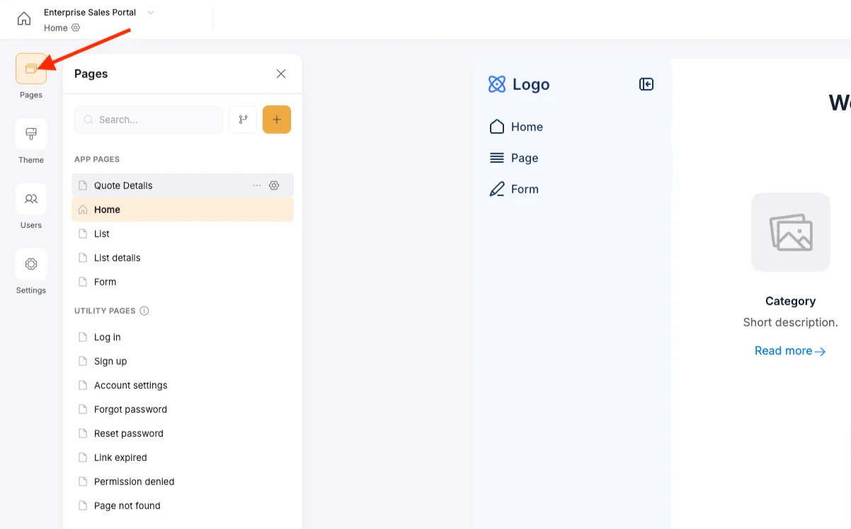 Click on the pages tab to see, add, and organize pages in your app.