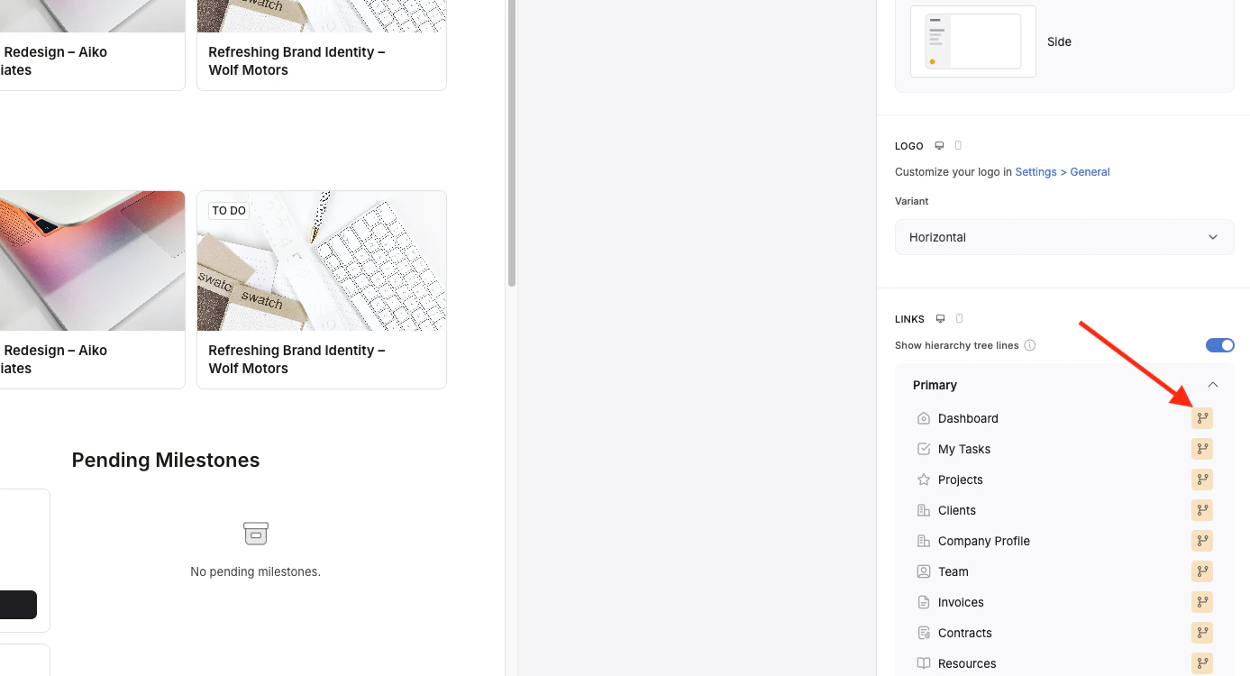 Hover over a navigation link or button and click the branching icon to define who can see it.