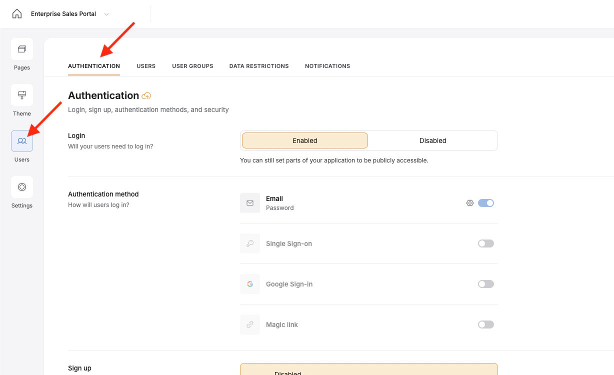 In Softr Studio, select the Users menu, then the Authentication tab.