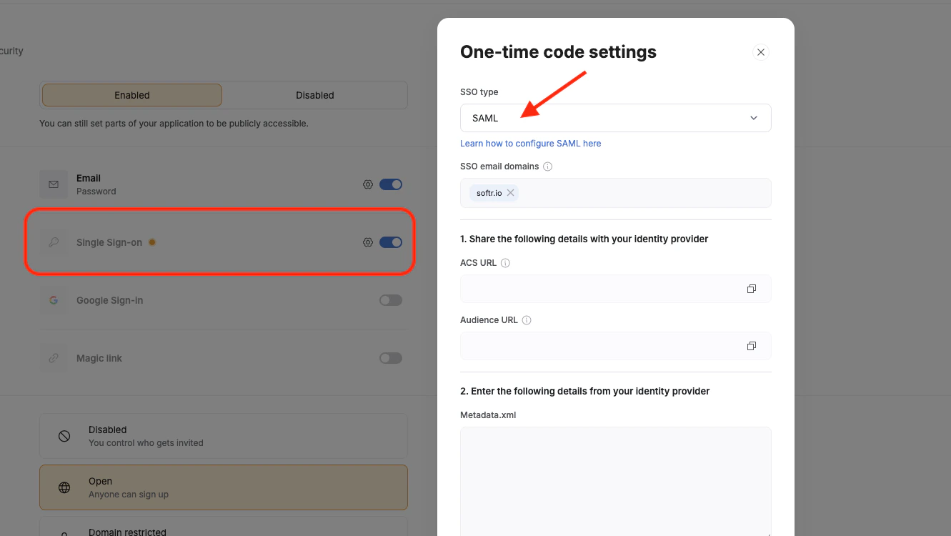 Toggling on SSO gives access to the SSO setup modal, where you can setup your configuration.