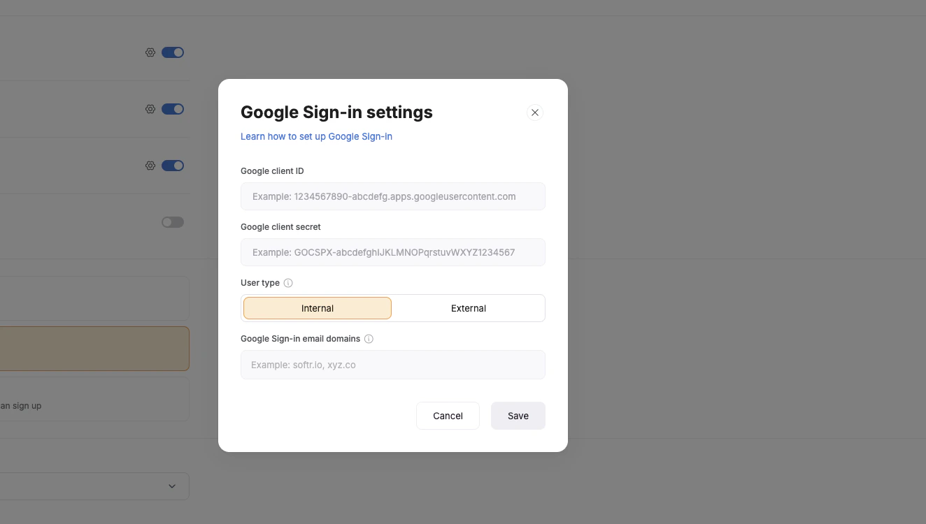 Toggle on Google Sign-in to connect Google to your Softr app and let people signup/login with their Google accounts.