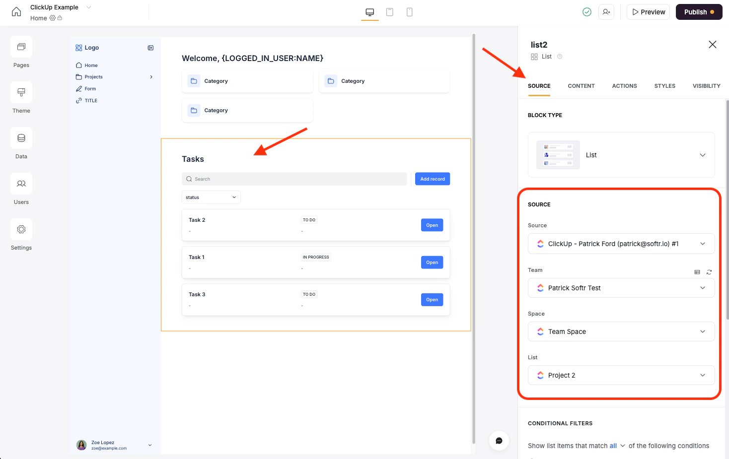 Use the settings for the block to connect ClickUp to dynamic blocks.