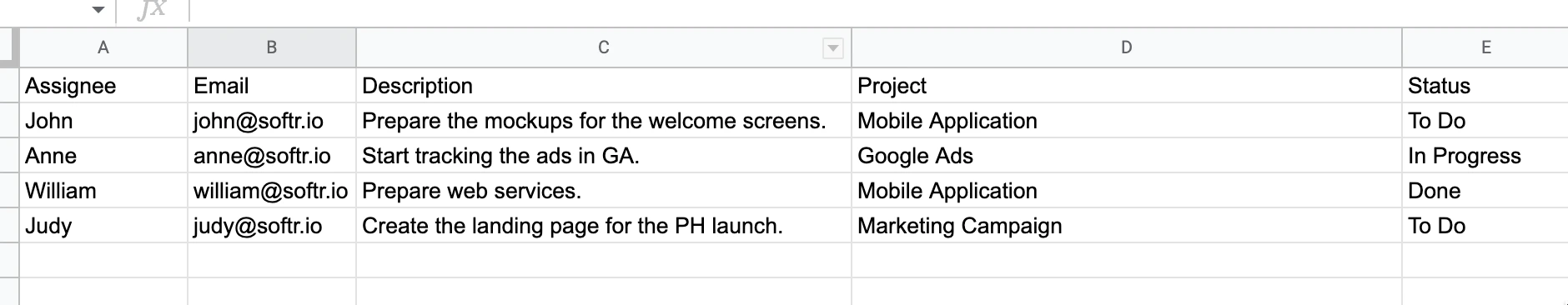 Field names and values on Google Sheets