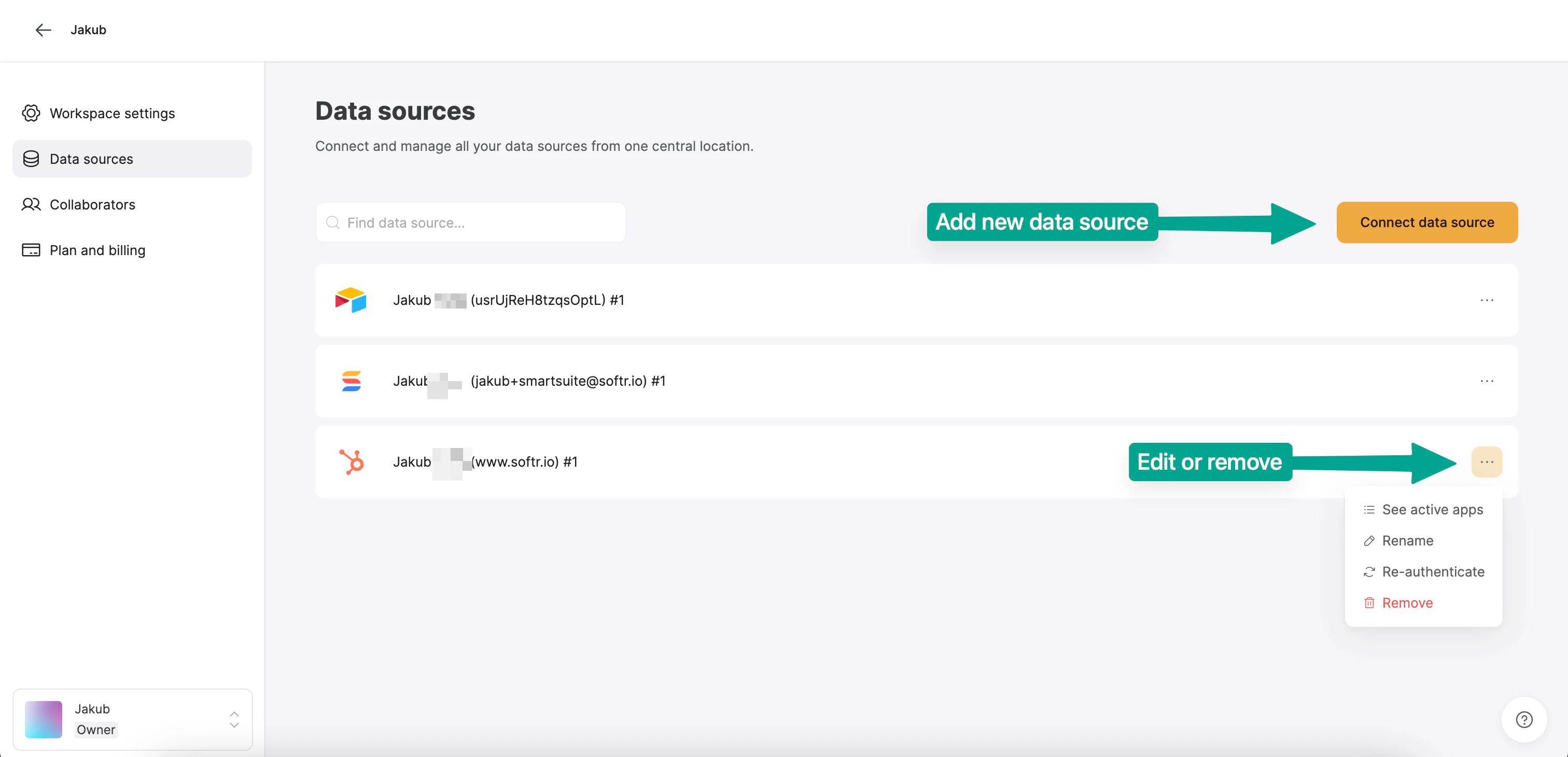 Adding new or editing existing data sources.