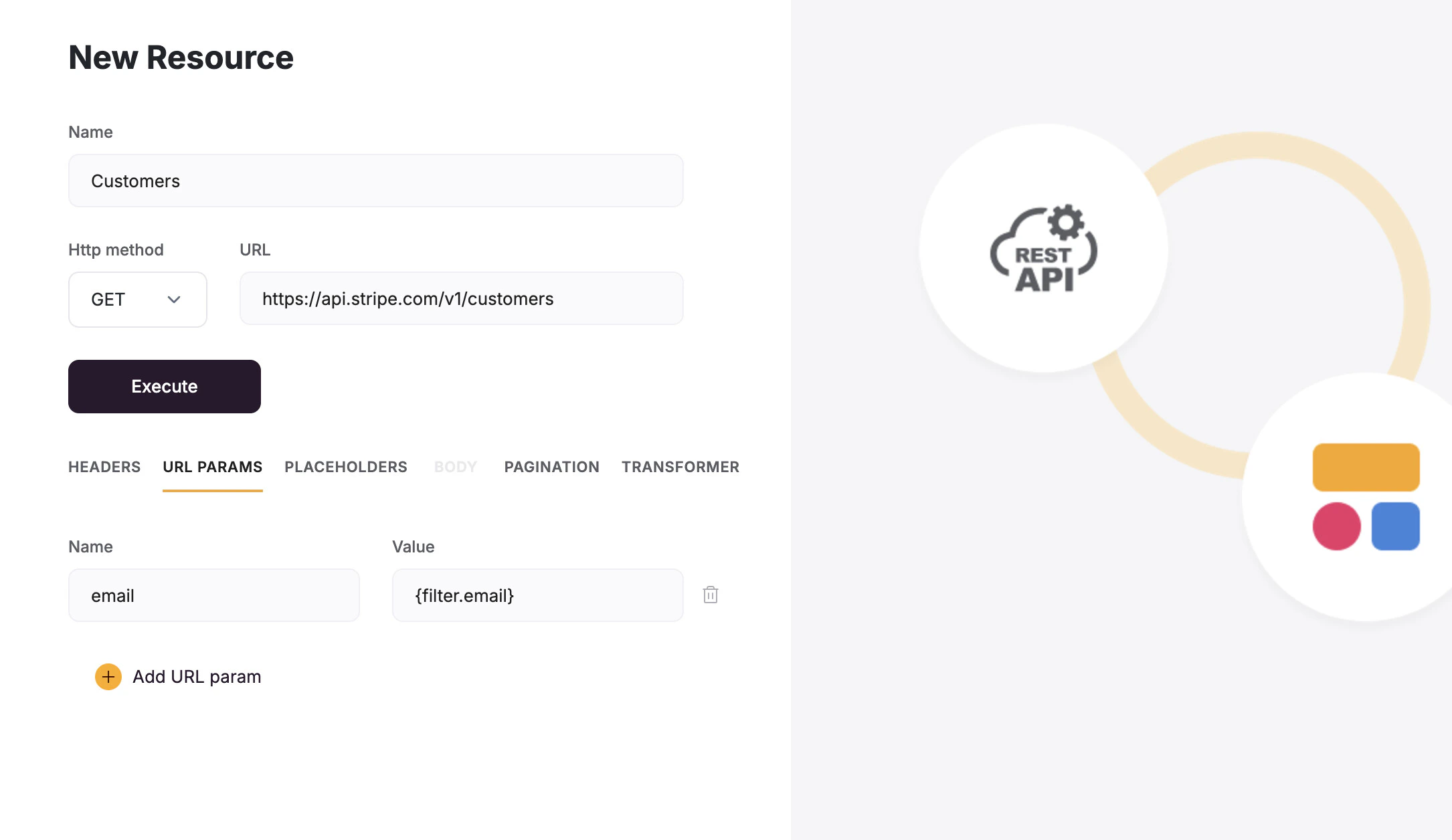 Use the filter placeholder to filter by dynamic values against the API.