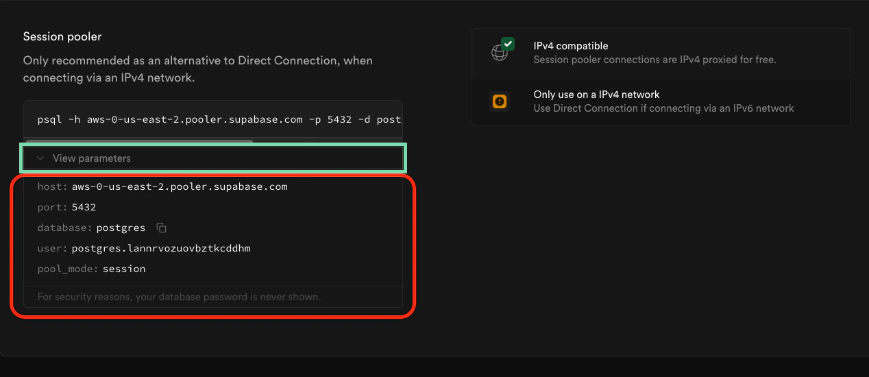 Find the Connection parameters section and copy down the credentials