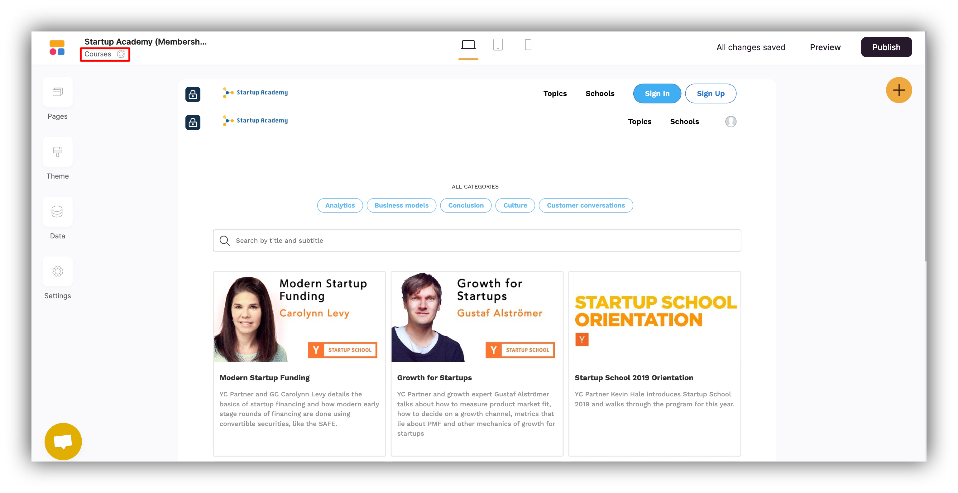 The Courses page with the list of courses