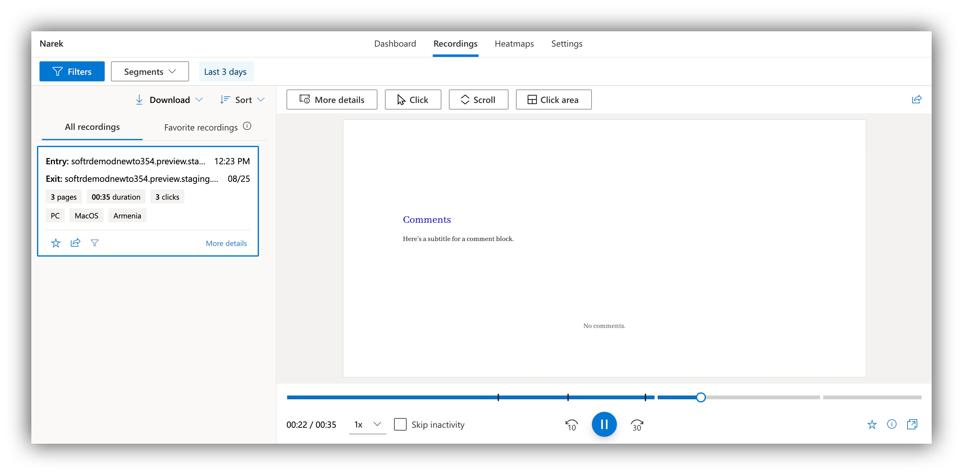User session recording on Clarity