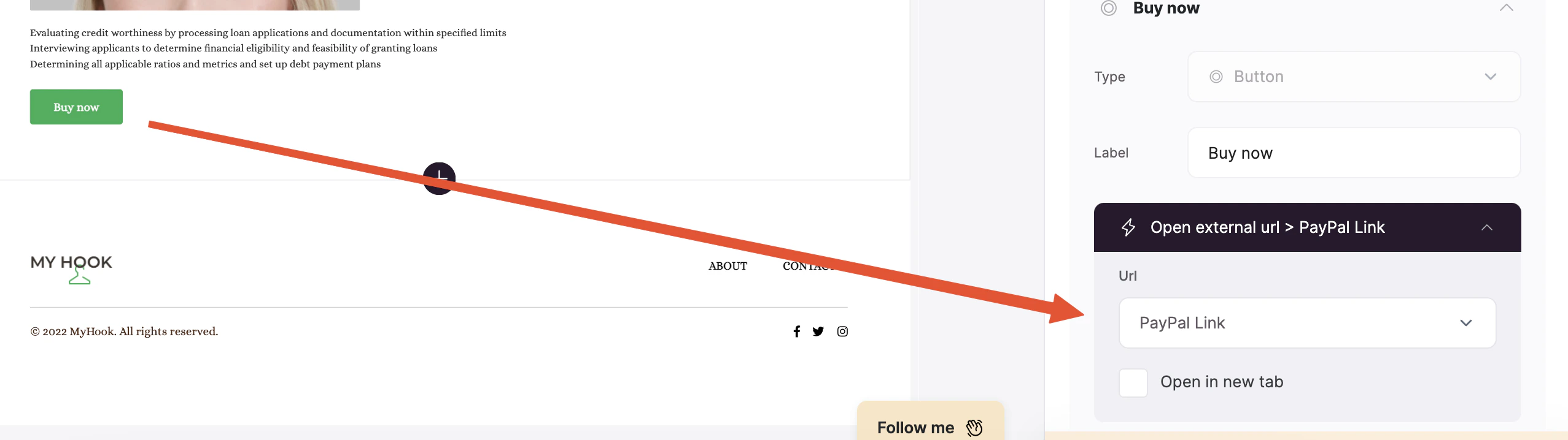 Setting the external URL to the PayPal link field