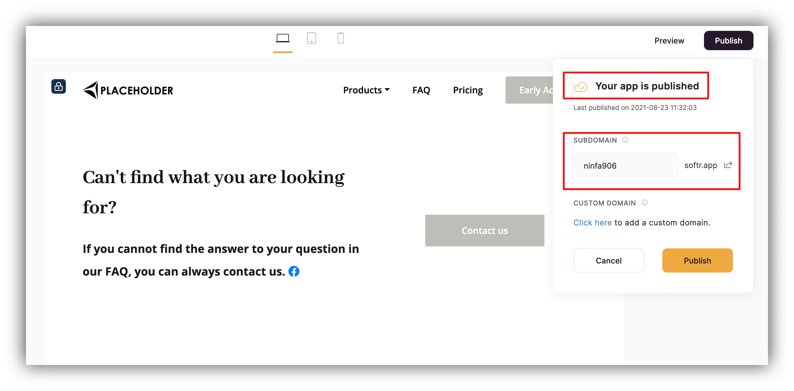 Random Softr subdomain and Published status