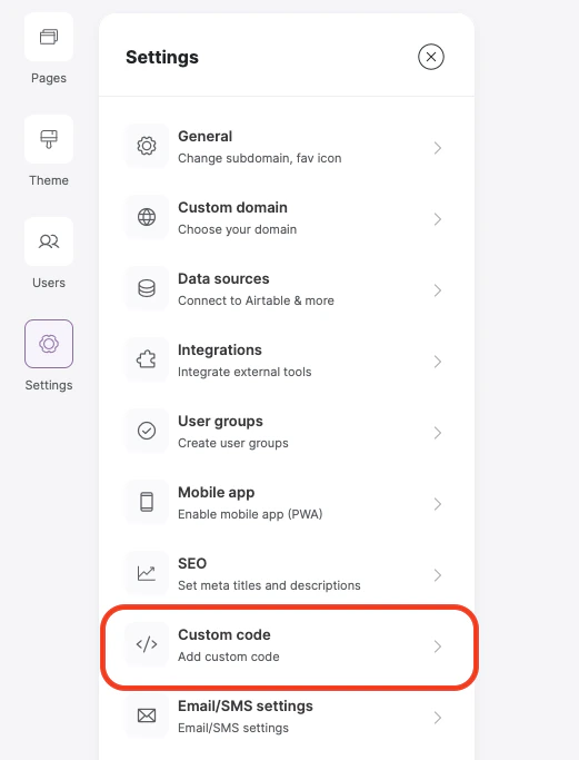 Clicking on settings, then custom code