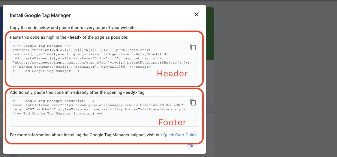 Custom header and footer code to be copied.