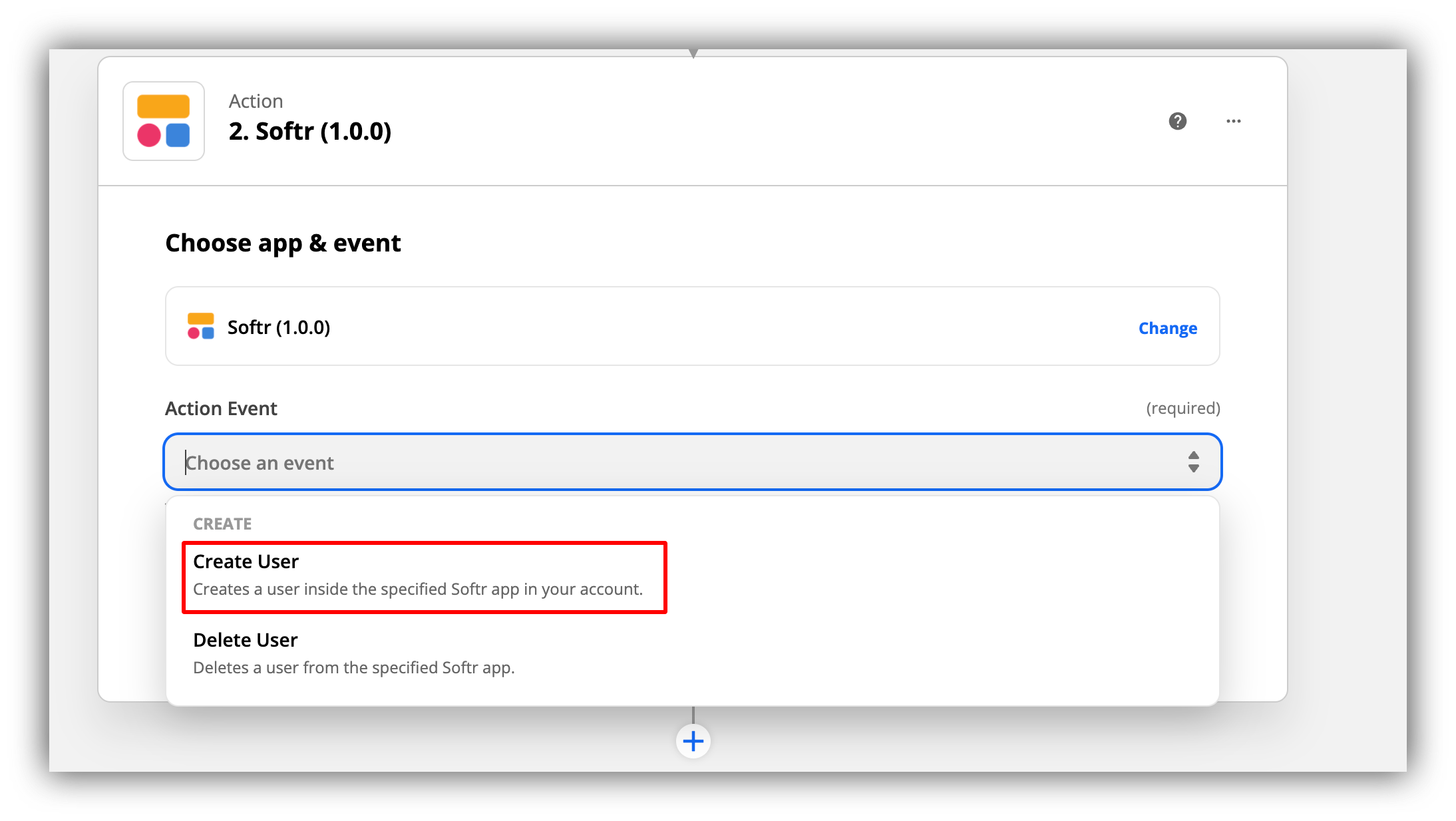 Choosing the Create User action event
