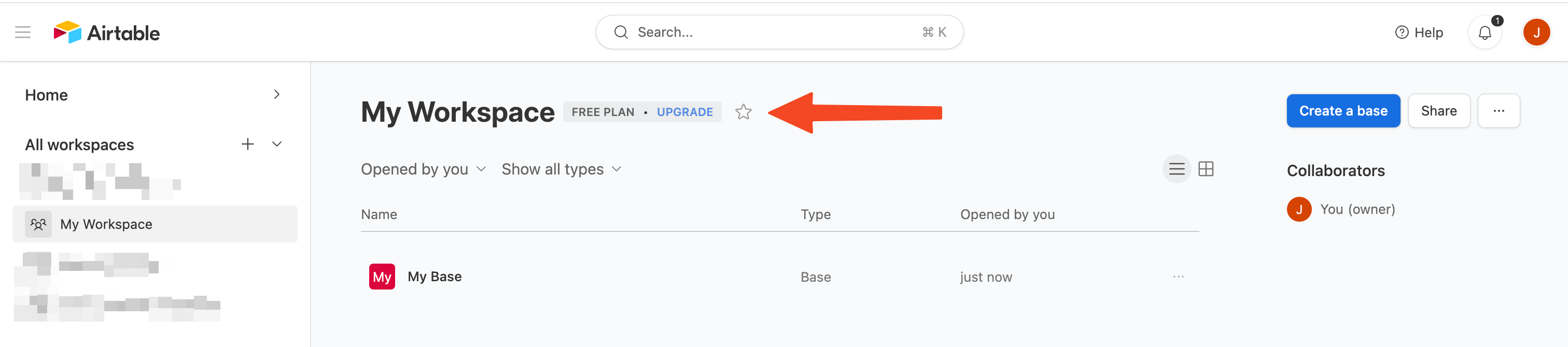 Airtable plan name next to the workspace name.