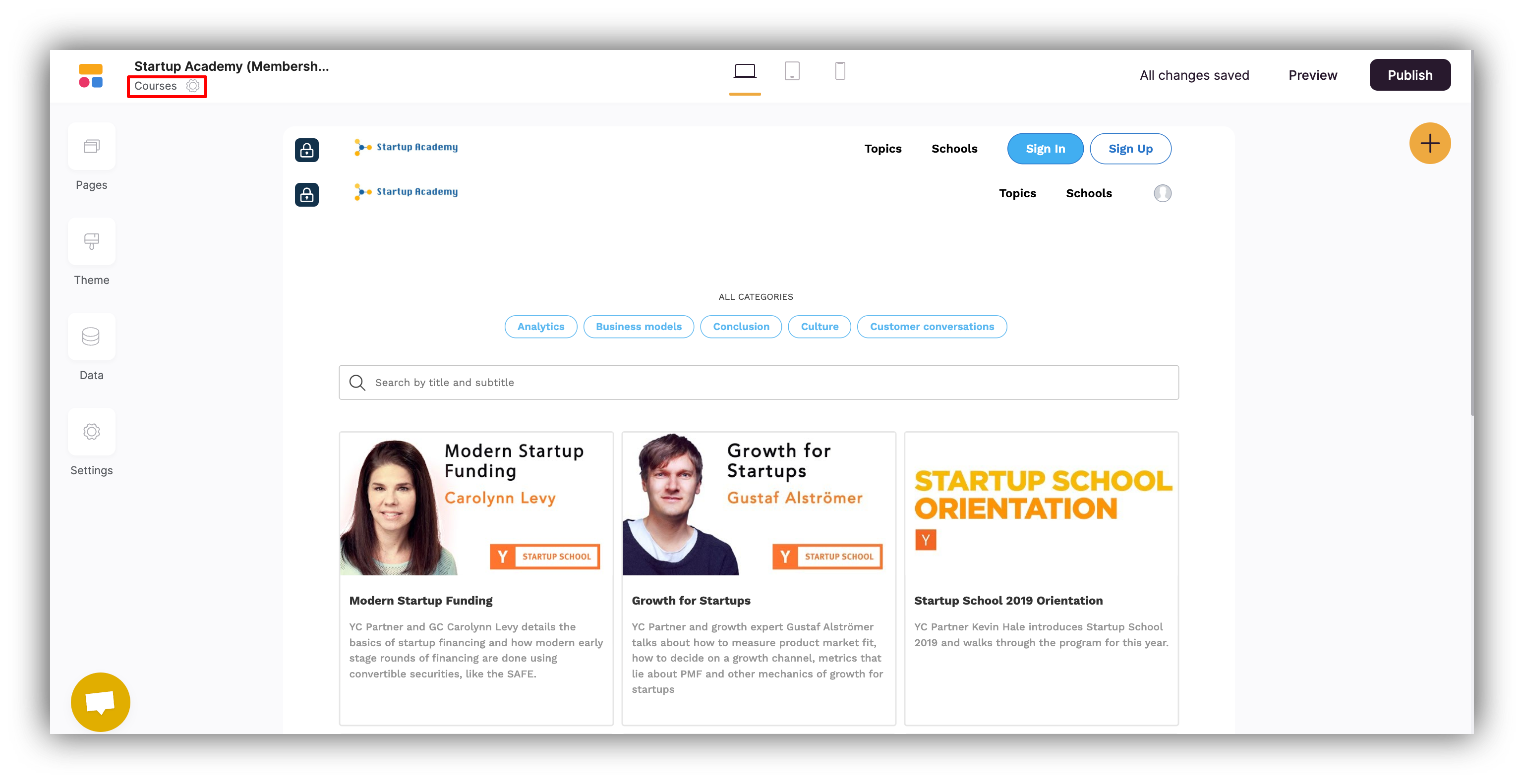 The Courses page with the list of courses