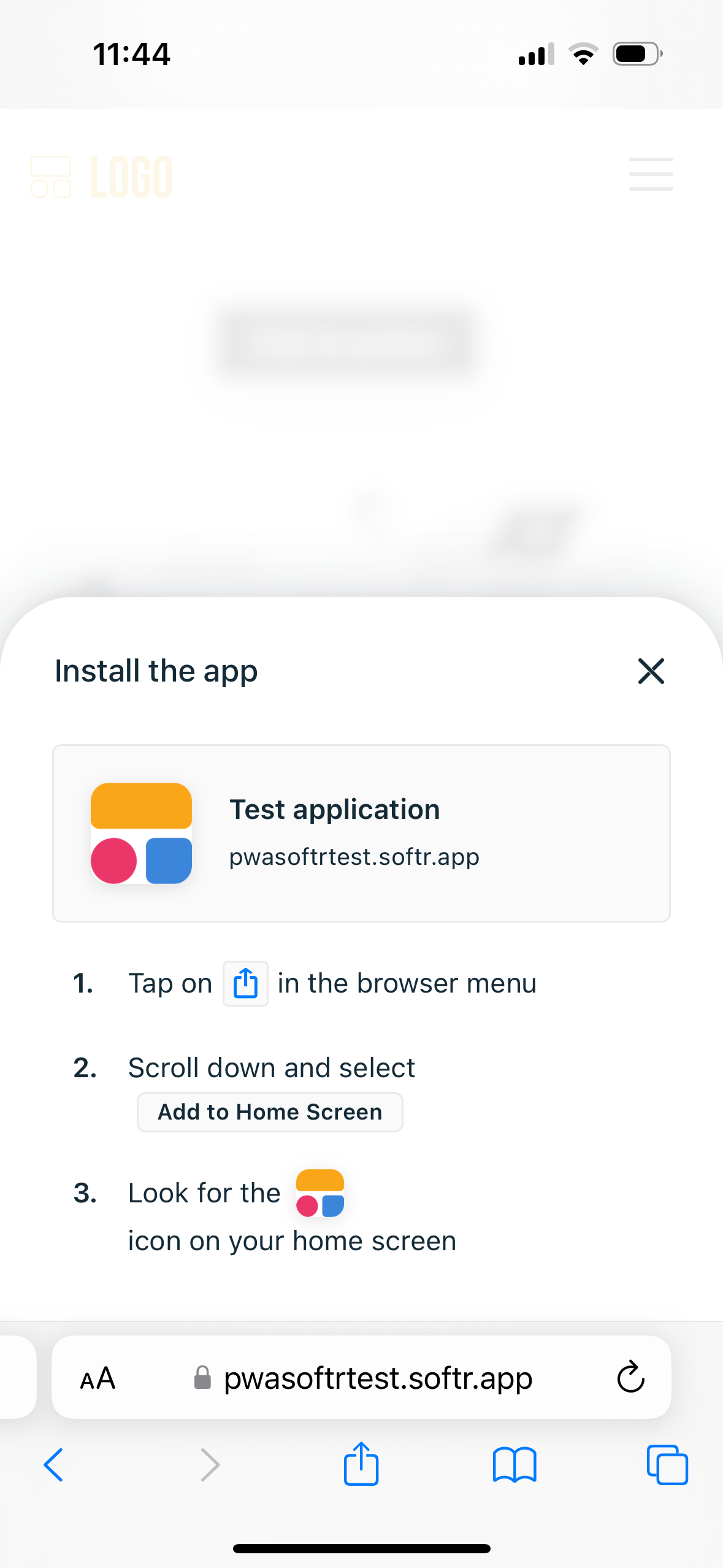 Once the user clicks on the download button, the instructions for adding your app to their mobile home screen appear