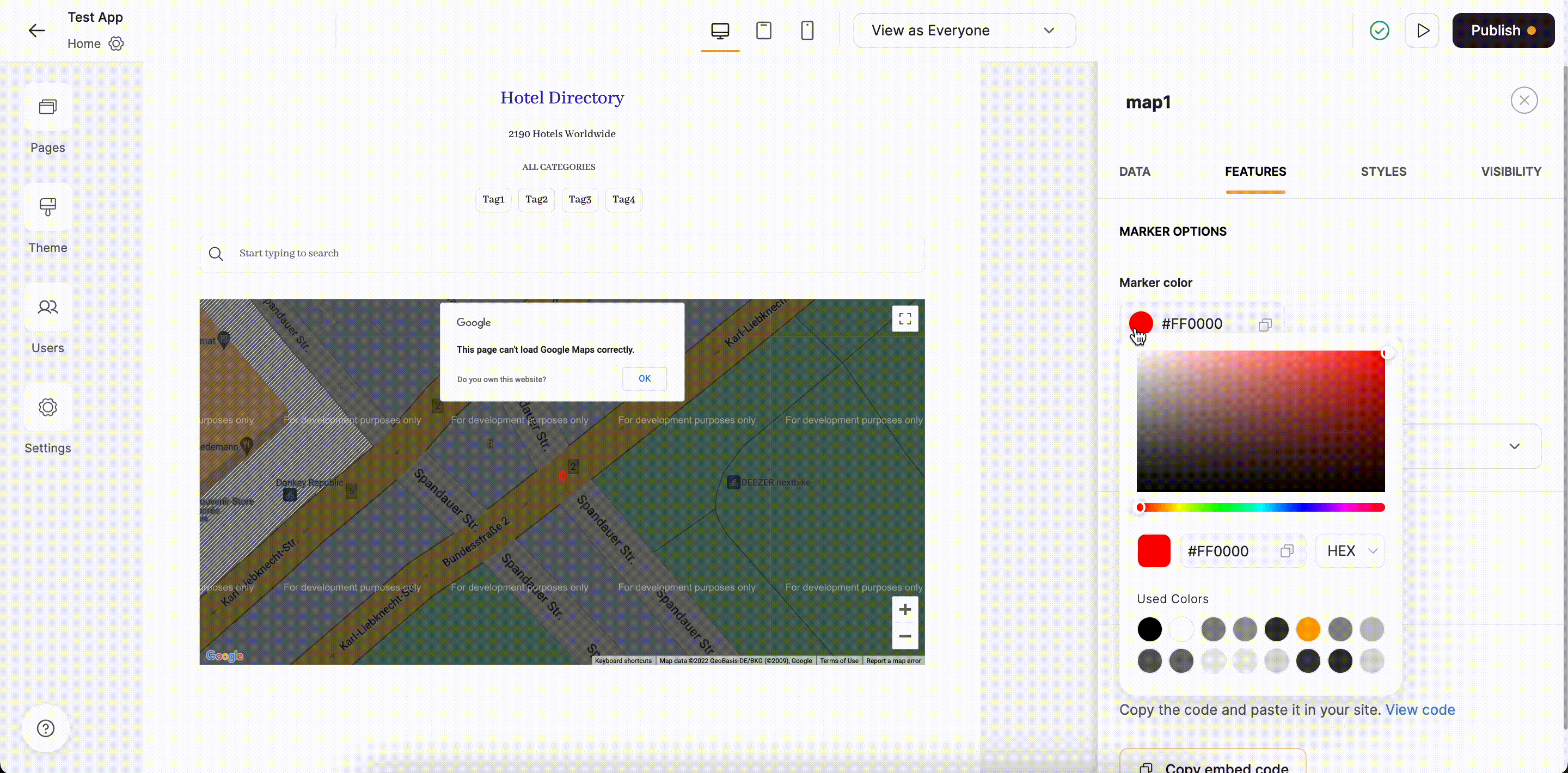 Setting app the marker settings