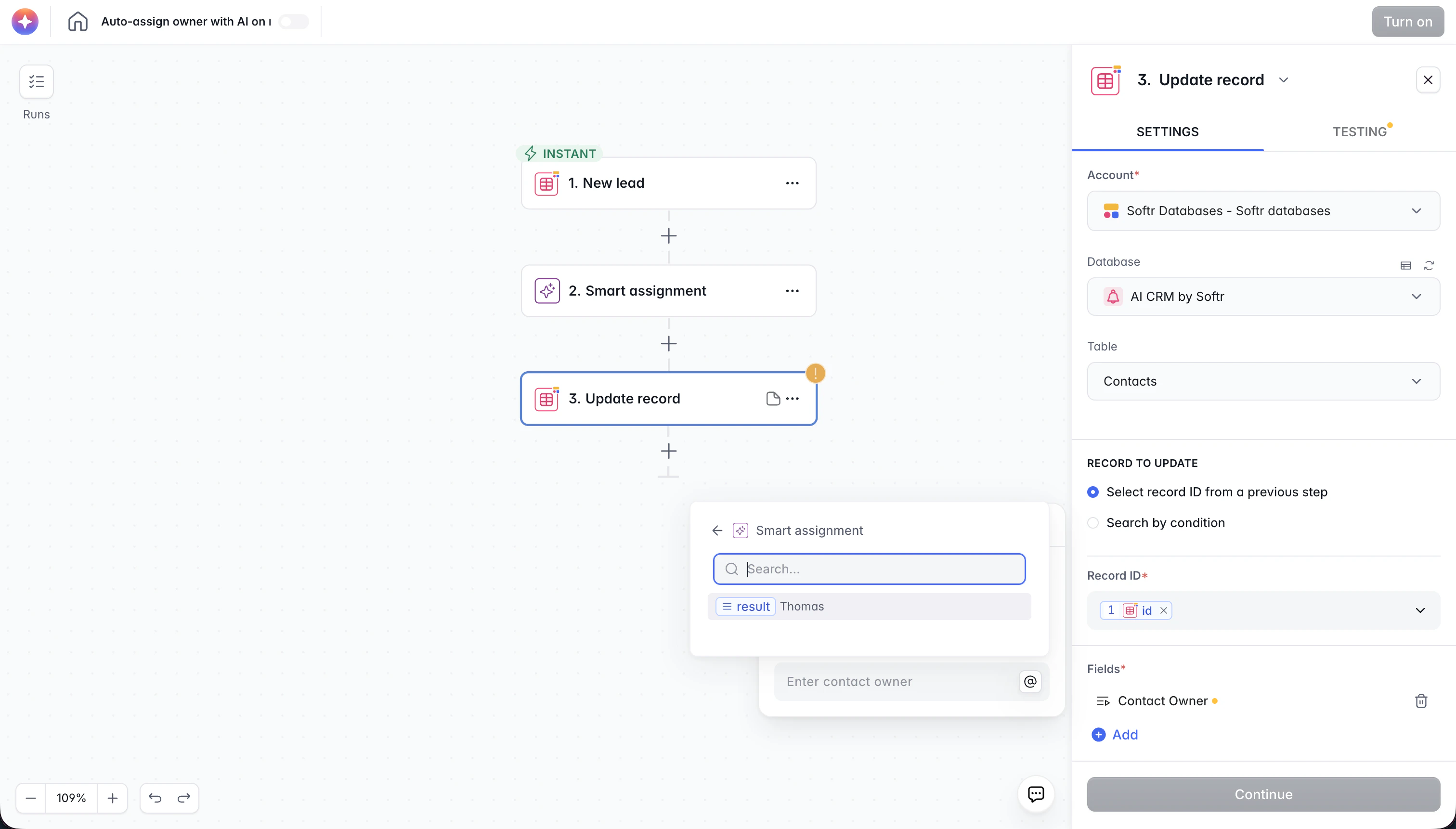 Variable picker showing outputs from a previous step