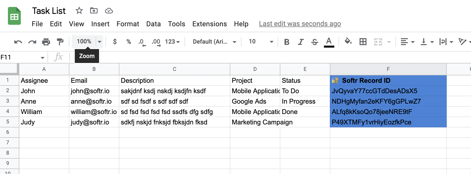 The Record ID column created inside the sheet