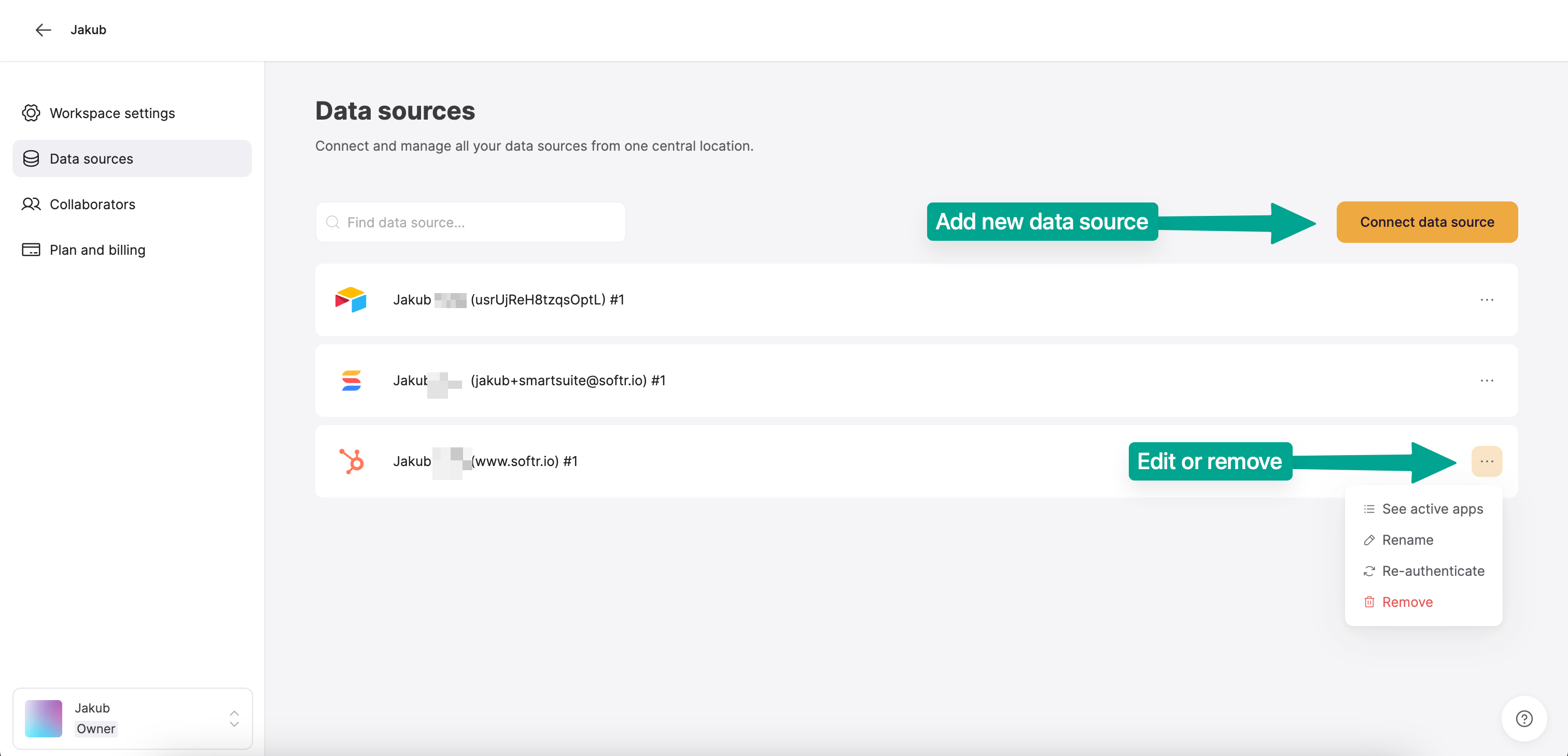 Adding new or editing existing data sources.