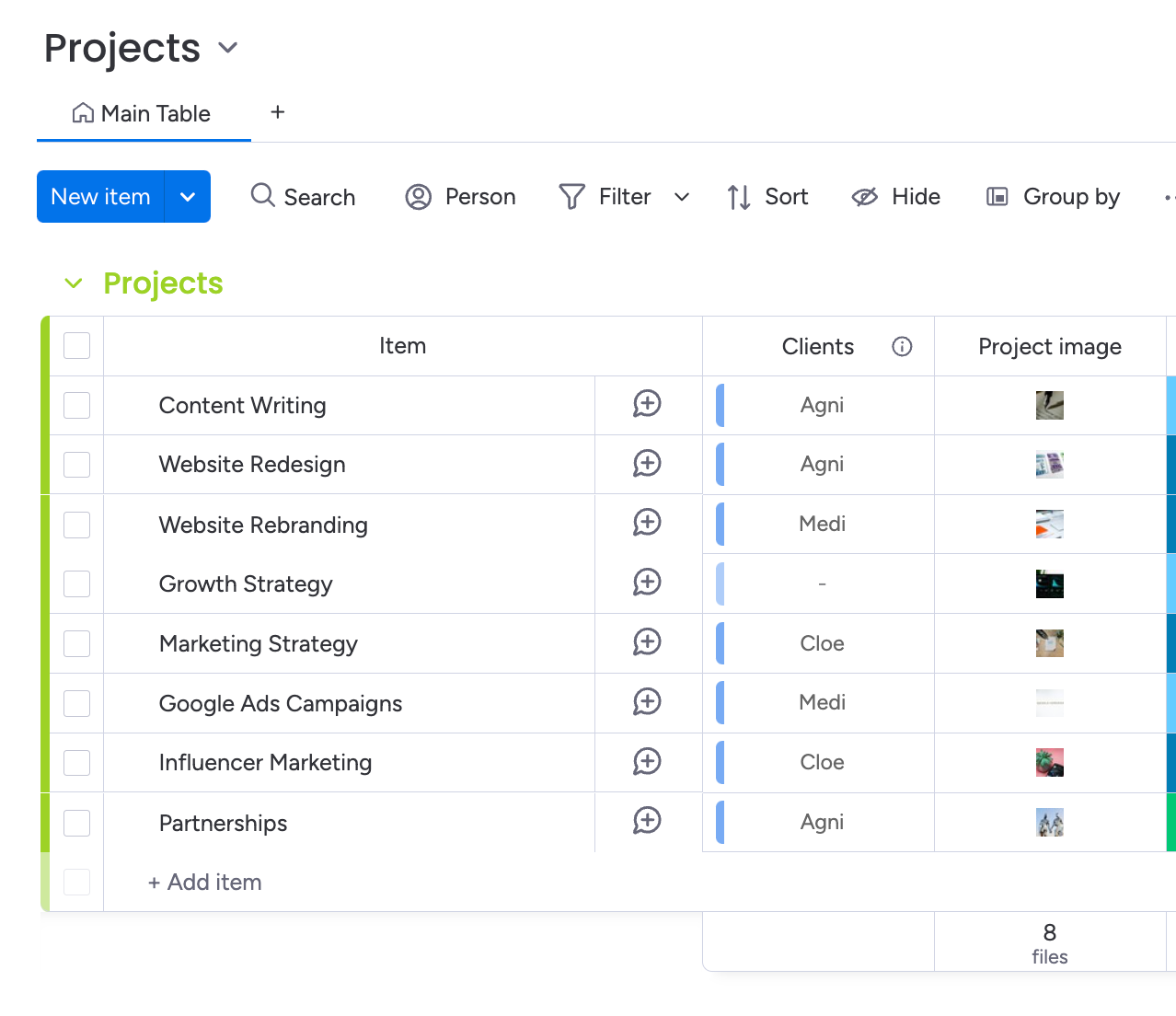 monday.com Projects board with a Connected board with Clients.