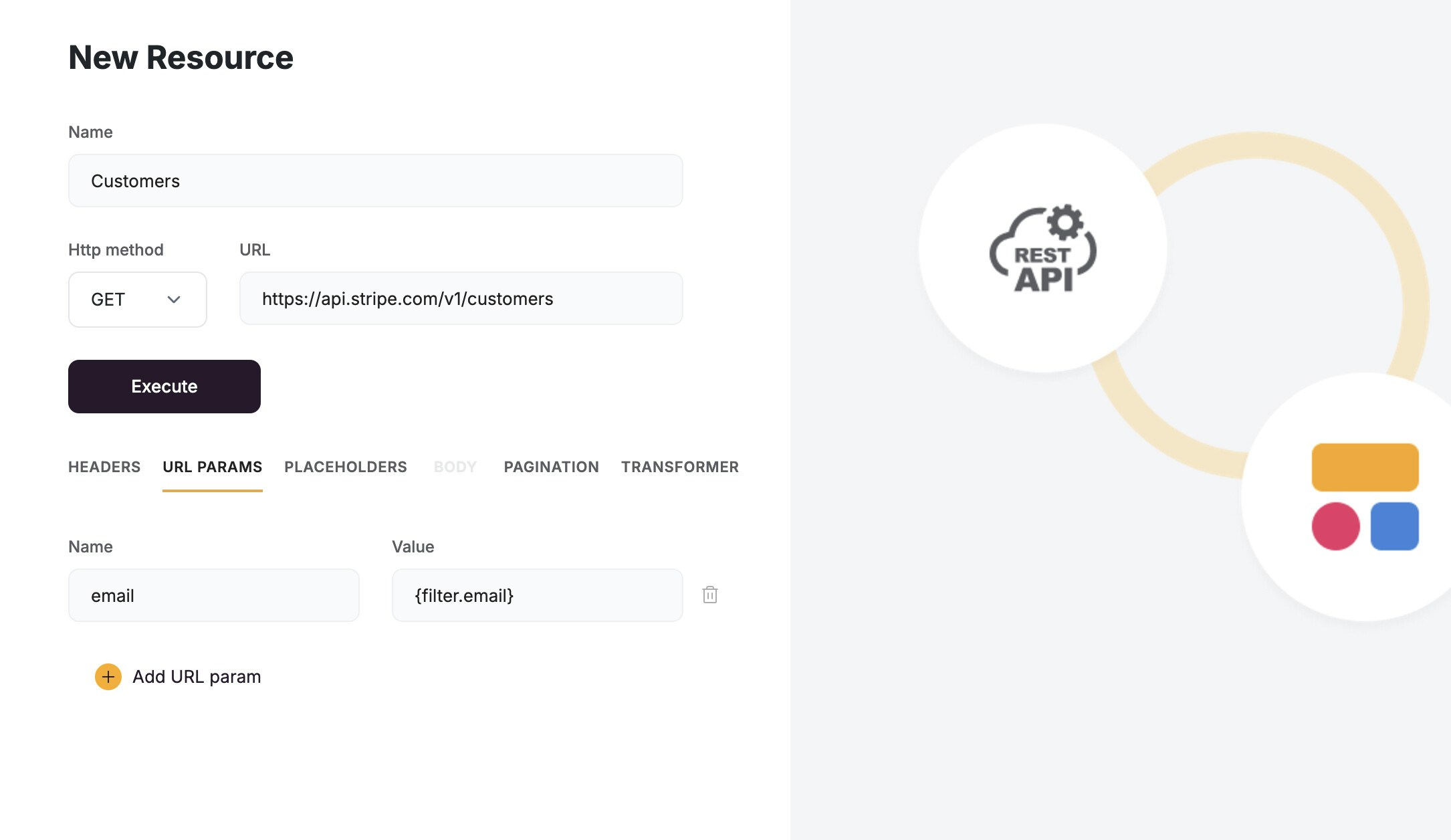 Use the filter placeholder to filter by dynamic values against the API.