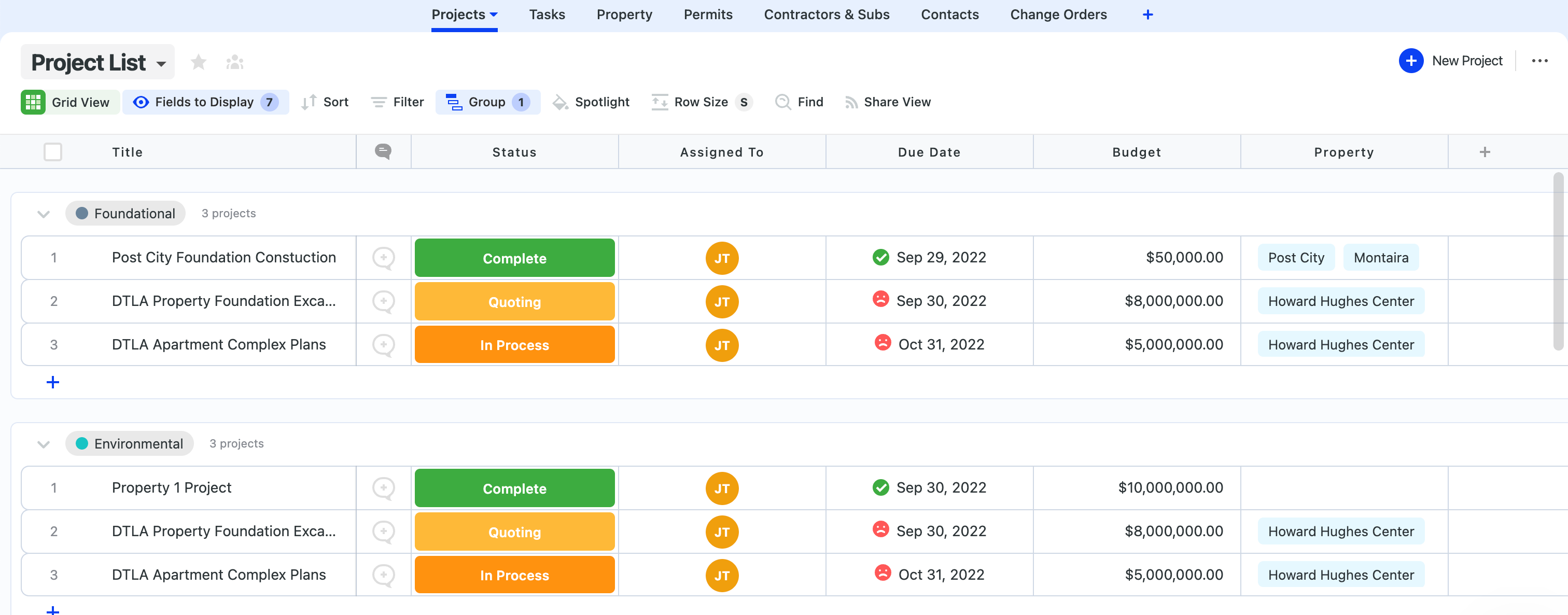 SmartSuite table with projects