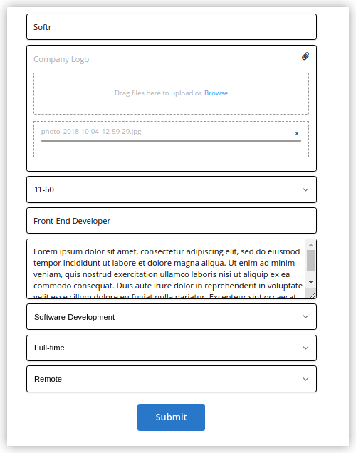 Test data filled in the form