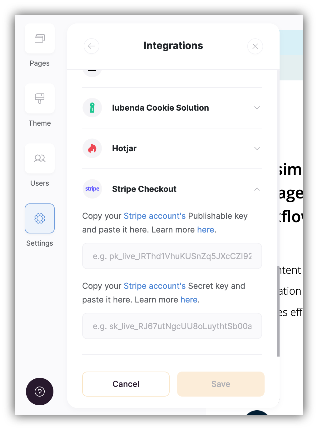 Adding Stripe authentication keys on Softr