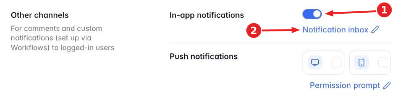 Users > Notifications tab in Softr Studio with the In-app notifications toggle switched on, and the Notification inbox link below it