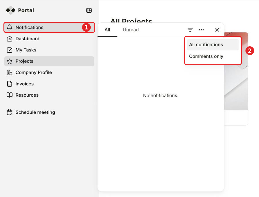 A Softr app with the Notifications link at the top of the navigation menu and the inbox panel open, showing the All and Unread tabs and the filter menu with All notifications and Comments only