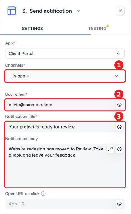 Send Notification step settings in a Softr workflow, with Channels set to In-app, a user email, a notification title and a notification body