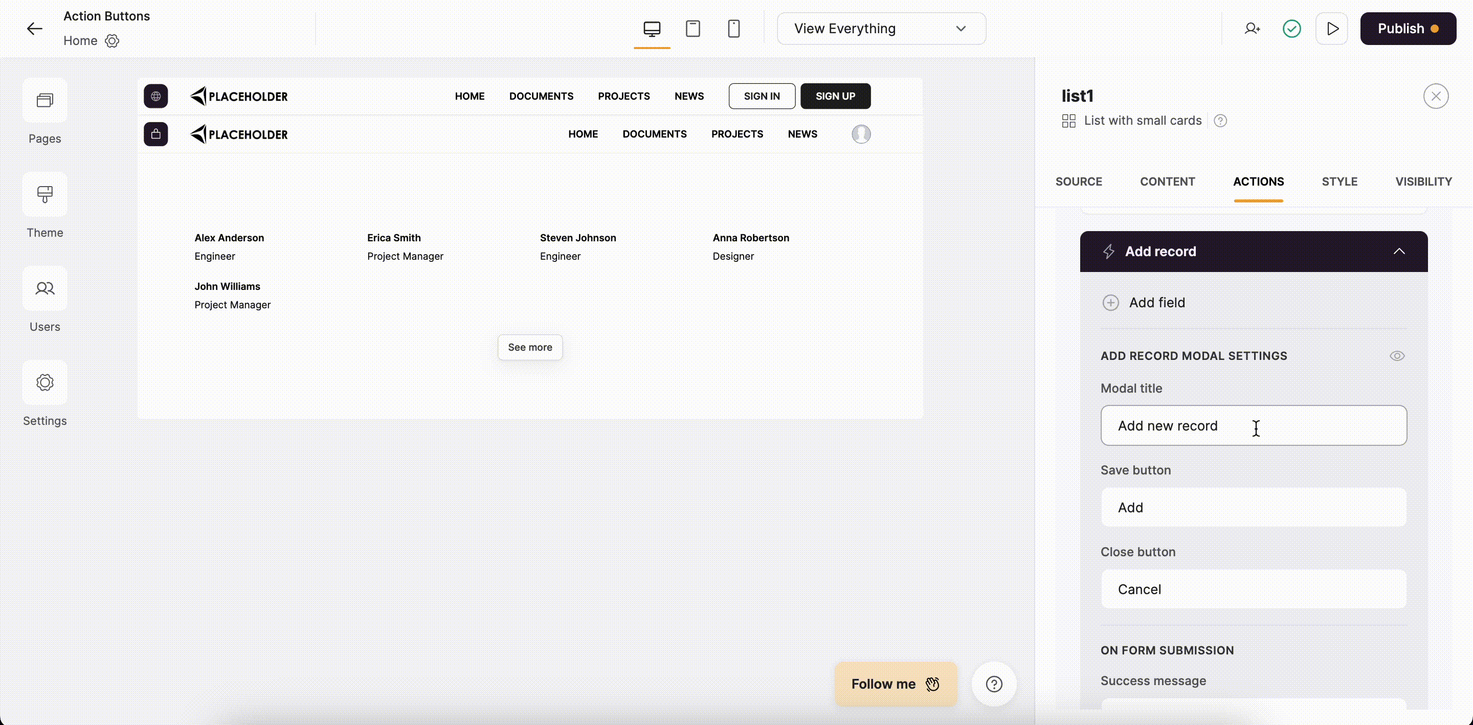 Setting up button texts and previewing the modal