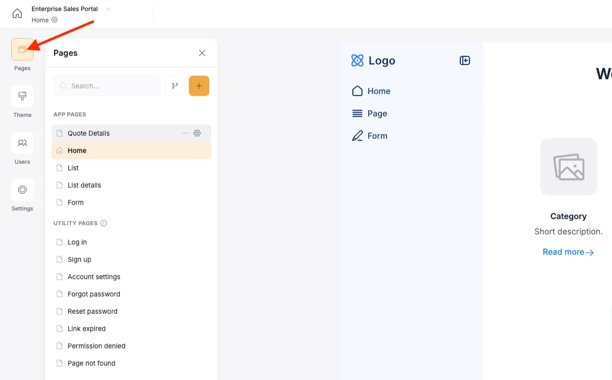 Click on the pages tab to see, add, and organize pages in your app.