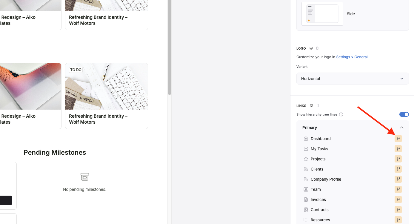 Hover over a navigation link or button and click the branching icon to define who can see it.