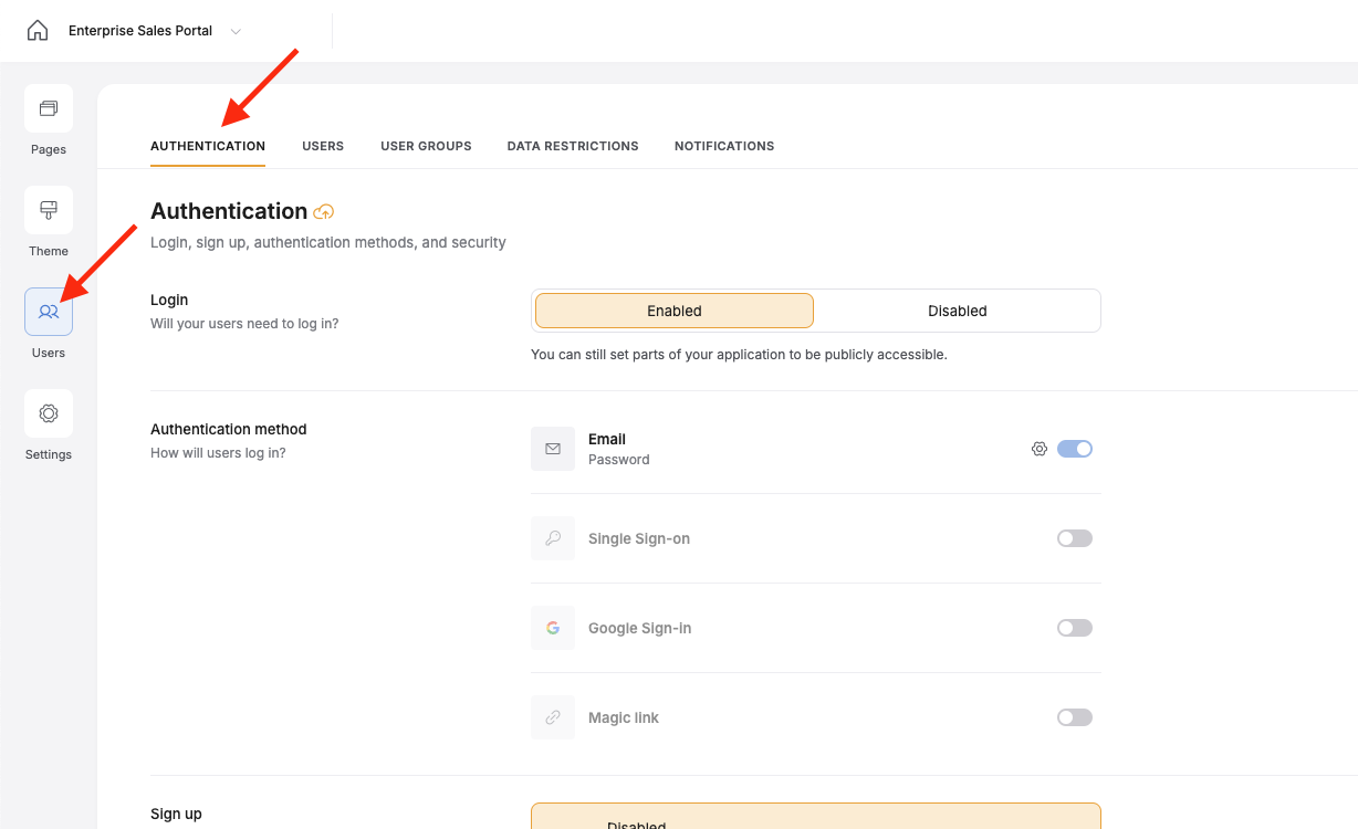 In Softr Studio, select the Users menu, then the Authentication tab.