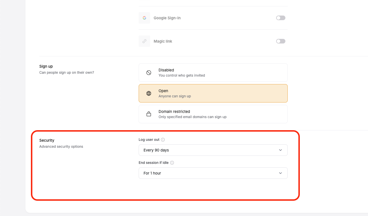Select options for when and how often users should be automatically logged out.