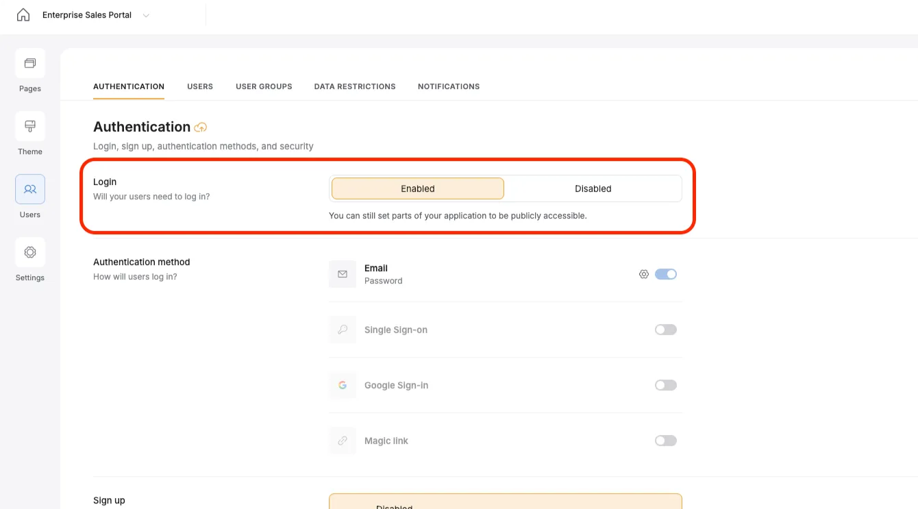 This login option has two toggles, one for enabled and one for disabled.